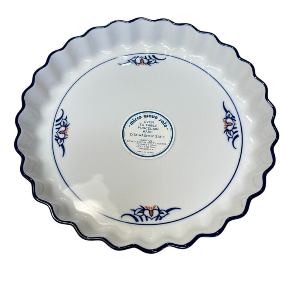 New Vintage Japanese Porcelain Baking Serving Quiche Tart Dish Blue White Floral